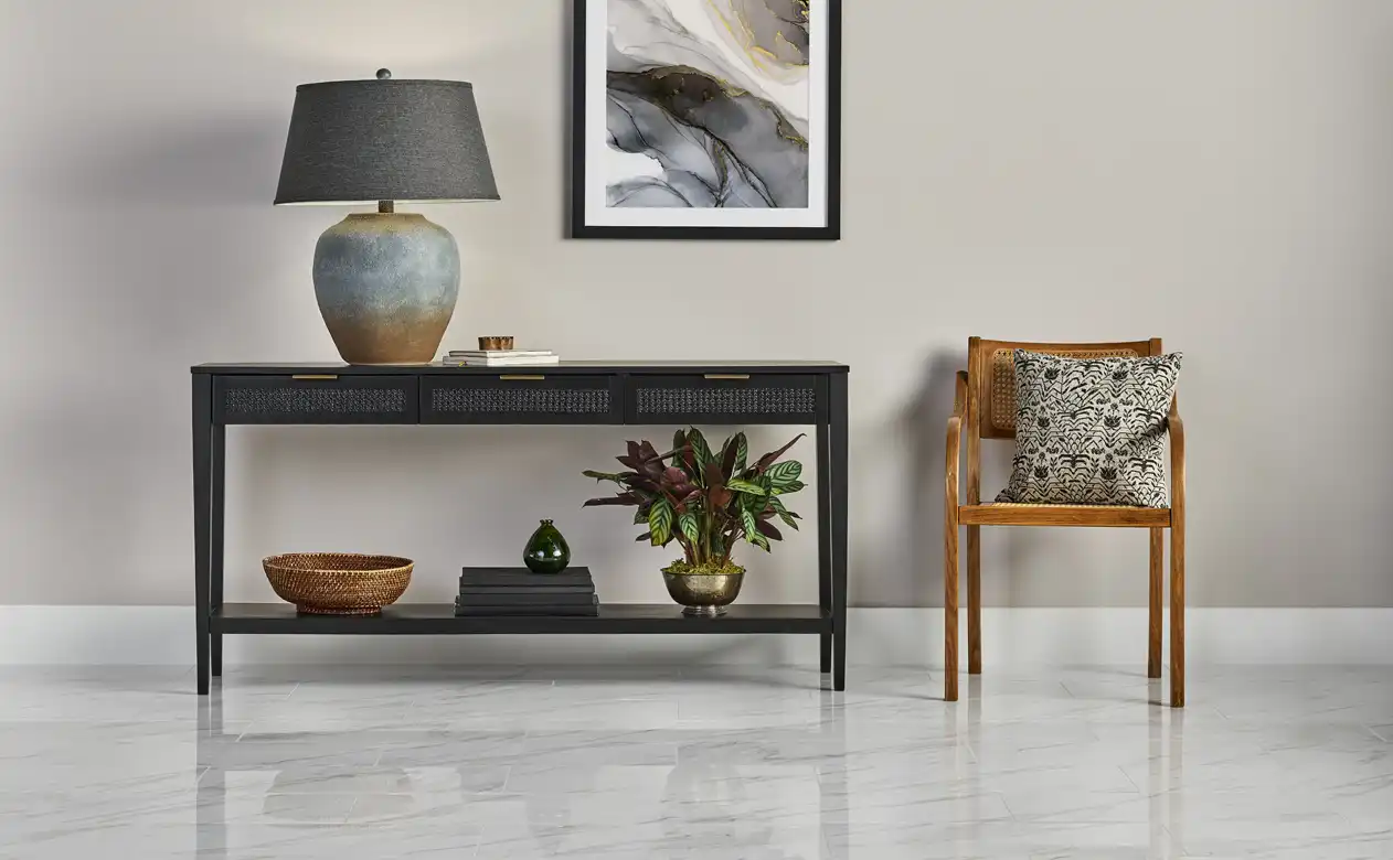 White marble tile with side table and bamboo chair, grey walls